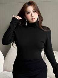 Dazy Plus Elastic Fitted Solid Color Turtleneck Thermal Lined Thick Plus Size Women Autumn/Winter Base Layer T-Shirt