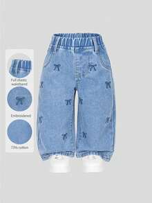 SHEIN Explorewe Blugi din denim pentru fete, blugi casual confortabili cu picior larg, cu broderie fluture, potriviți pentru primăvară, vară, toamnă și iarnă - Spălare medie - Vizualizare 8