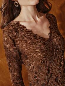 Anewsta Elegant Asymmetrical V-Neck Hollow Lace Fitted Long Sleeve Knit T-Shirt For Women, Autumn/Winter - Brown - View 2