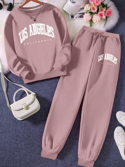 INAWLY مجموعة ملابس نسائية للخارج، ملابس علوية كم طويل وبنطلون، ملابس الشارع، خريف/شتاء، وردي، تصميم مريح للخريف/الشتاء، طقم أنيق عالي المستوى مناسب للخارج، الرياضة، الطباعة الجرافيكية، التسوق، السفر، العطلات، مقاس كبير طباعة حرفية 2 قطعة