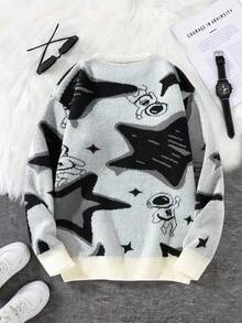 Manfinity Hypemode Suéter masculino casual de manga comprida com gola redonda e estampa de pentagrama, ideal para outono/inverno. - Branco - Ver 2