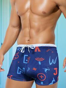 Surfspeed Men's Letter Print Drawstring Waist Swim Trunks Shorts - Blue - View 1