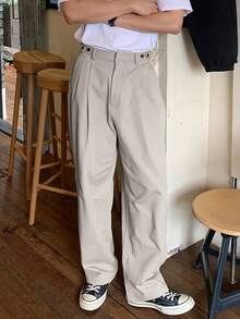 Claim Dot 男士纯色褶裥锥形休闲/工作裤 男士宽松直筒休闲裤 褶裥裤 男士日系裤 男士韩系裤 男士宽松阔腿裤 - 杏色 - 查看 3