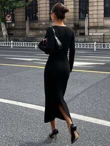 DAZY Elegant V-Neck Women's Sweater Dress With 3D Floral Decor, Suitable For Banquet And Party, Autumn/Winter - Black - View 2