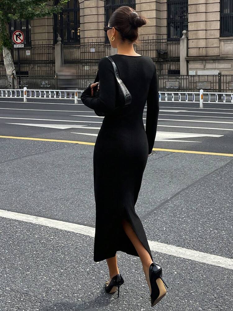 Elegant V-Neck Women's Sweater Dress With 3D Floral Decor, Suitable For Banquet And Party, Autumn/Winter