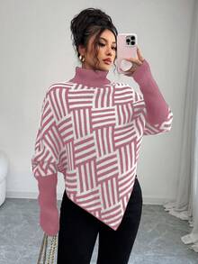 Selianne Women's Elegant High Neck Geometric Textured Poncho Sweater, Colorblock, Suitable For Home & Travel, Spring/Autumn - Baby Pink - View 6