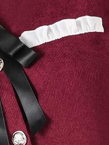 SHEIN Tween Girls' Elegant Vintage Ruffled Collar Button Front Tie Bow Decor Black Long Sleeve Snug Fit Mini Dress, Paired With Jacket - Red - View 6
