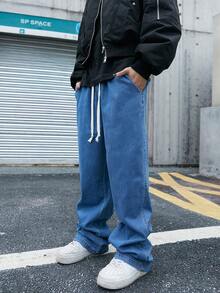 Manfinity Hypemode 加大码男士宽松休闲美式弹力腰带牛仔裤，带口袋 - 藍色 - 查看 6