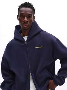 SUMWON 男士宽松版型拉链连帽衫，带抽绳帽和贴边口袋，休闲街头风 - 藍色 - 查看 8