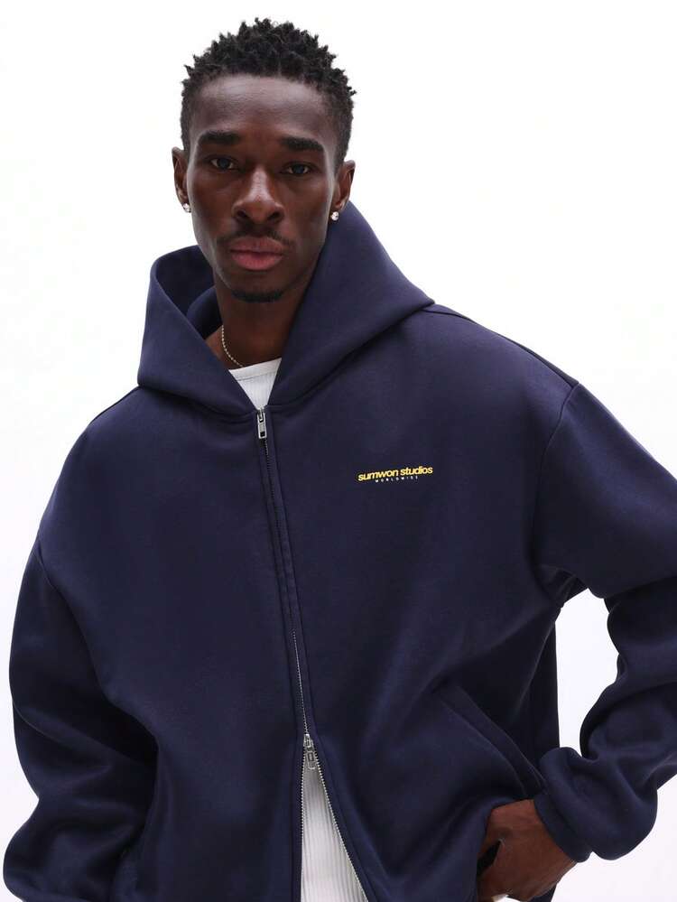 Boxy Fit Zip Up Hoodie With Drawstring