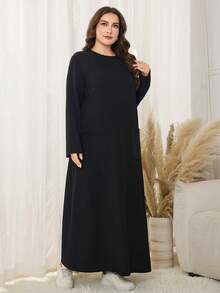 Lacomfia Plus Size Women Casual Loose Textured Fabric Patchwork Pocket Dress - Black - View 3