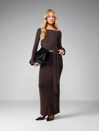 MISSGUIDED Off Shoulder Long Sleeve Tie Waist Knit Top And Maxi Skirt Ribbed Two Piece Coordinate Set For Fall Winter