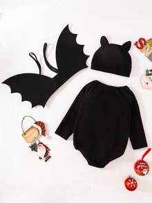 SHEIN 3pcs Baby Boy Halloween Costume Outfit With Detachable Bat Wings, Cute Role Play Romper Set For Autumn/Spring, For Christmas - Dark Green - View 2
