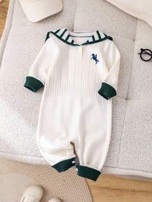 SHEIN Unisex Baby Cute Navy Striped Long Sleeve Sweater Romper, Autumn/Winter Baby Clothes - Dark Green - View 4