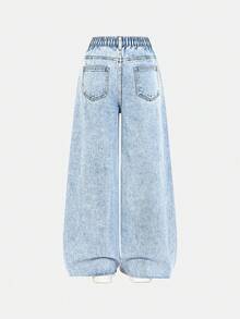 Jeans anchos y sueltos con bolsillos y dobladillo deshilachado para niñas preadolescentes, aptos para uso diario - Lavado ligero - Ver 2