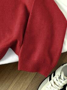 Elamini 女士纯色休闲圆领长袖套头毛衣，秋冬季 - Fiery Red - 查看 5