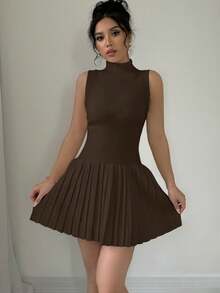 Elenzga 女士时尚休闲无袖褶皱针织连衣裙 - 咖啡棕 - 查看 5