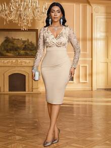 SHEIN Lady 女士花卉亮片重叠V领褶皱修身中长连衣裙，优雅 - 杏色 - 查看 3