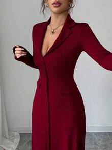 SHEIN Elenzya 女士标准尺码纯色罗纹修身优雅针织连衣裙，秋冬款 - 酒紅色 - 查看 7