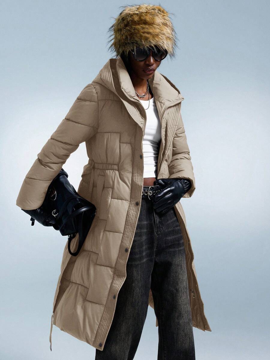 Aveloria GENKIRA 新款腰带显瘦休闲时尚简约高端拉链连帽绗缝外套 - 卡其色 - 查看 1