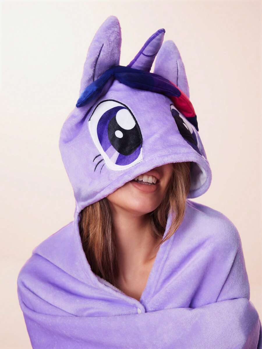 My Little Pony X SHEIN 1件卡通立体法兰绒连帽毯,冬季保暖舒适,可爱卡通帽子,男女童皆宜,加大码,暮光闪闪/云宝黛西/碧琪 - 紫色 - 查看 1