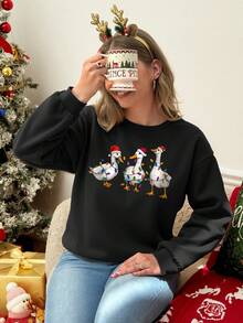 EMERY ROSE Women's Casual Christmas Colorful Lights & Duck Print Plus Size Crew Neck Sweatshirt Winter - Black - View 1