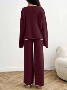 EURMUSE Women's Ribbed Knit Sweater Beige Pullover Suitable For Winter - Burgundy - View 6
