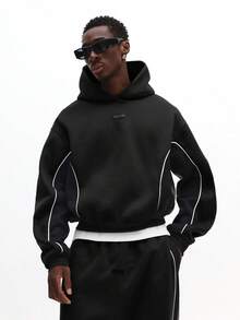 SUMWON Men Hoodie Co-Ord Set Oversized Pullover With Loose Fit Sweatpants White Piping Detail Winter Loungewear Matching Tracksuit - Black - View 3