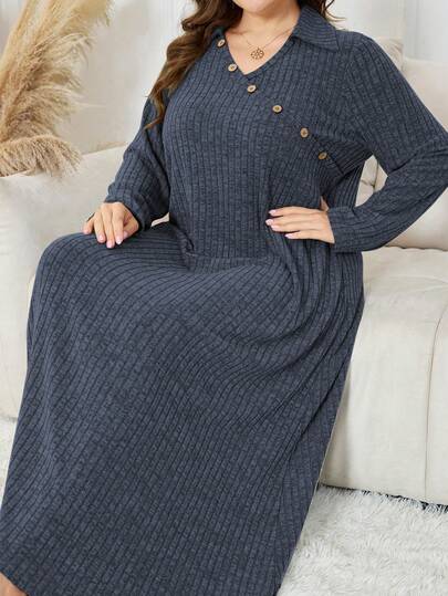 Lacomfia Elegant Casual Plus Size Women  Style Collared Button Design Long Sleeve Dress