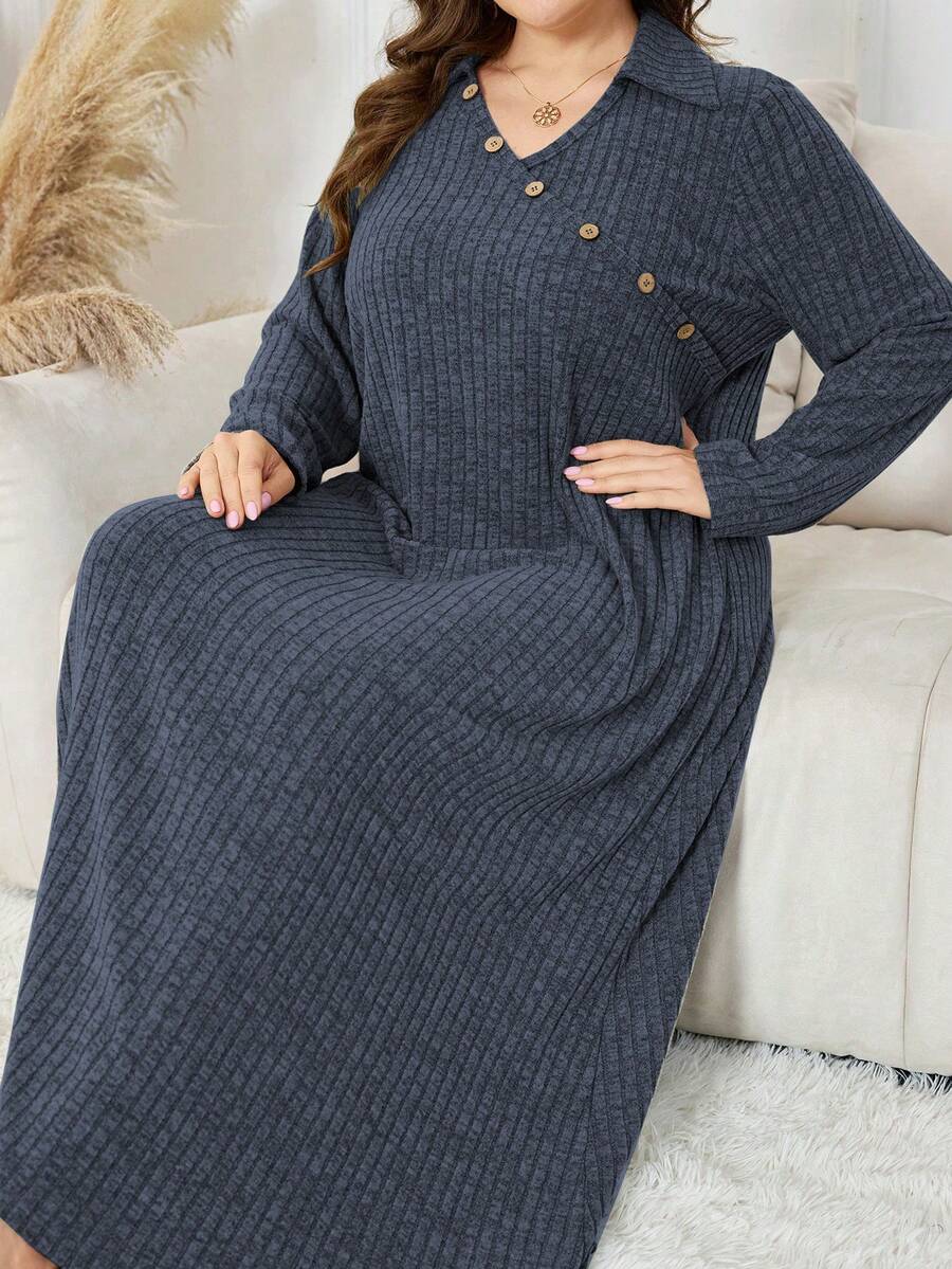 Lacomfia Elegant Casual Plus Size Women  Style Collared Button Design Long Sleeve Dress - Blue - View 1