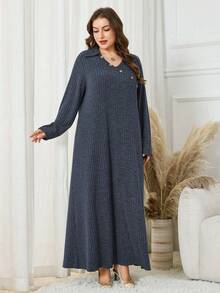 Lacomfia Elegant Casual Plus Size Women  Style Collared Button Design Long Sleeve Dress - Blue - View 4