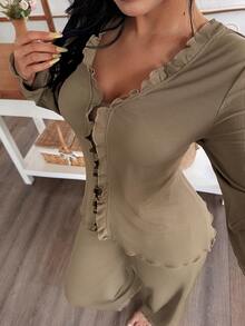 SHEIN Women's Solid Color Casual Frill Trim V-Neck Long Sleeve Top & Pants Lounge Set, Winter Clothes - Coffee Brown - View 3