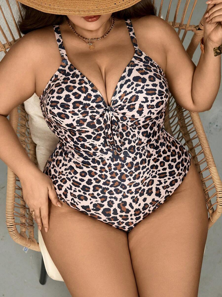 SHEIN CURVE+ Plus Size Women Leopard Print Hollow Out One-Piece Swimsuit, Beach Vacation - Multicolor - View 1