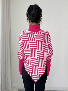 Elenzga Women's Elegant High Neck Geometric Textured Poncho Sweater, Colorblock, Suitable For Home & Travel, Spring/Autumn - Pink - View 2