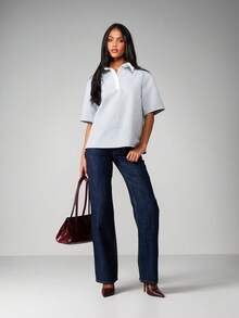 MISSGUIDED Contrast Collar Rugby Style Short Sleeve Polo Shirt With Button Placket Heather Knit Top - Grey - View 4