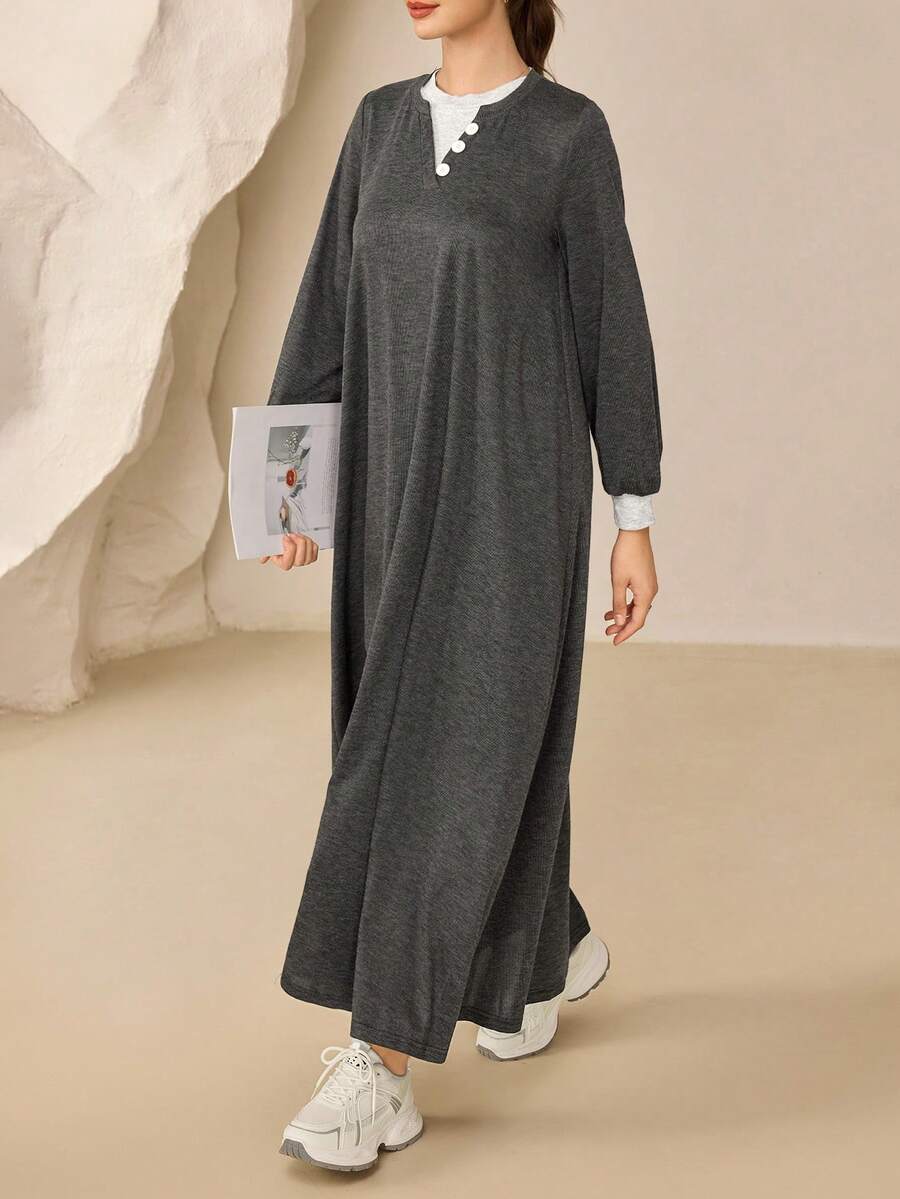 SHEIN Najma Round Neck Contrast Color Button Decor Knit Long Sleeve Flared Arabic Style Dress - Dark Grey - View 1