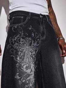 ROMWE MEN Goth 男士十字翼图案口袋休闲复古做旧牛仔裤 - 黑色 - 查看 2