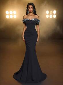 Glamrae 优雅黑色高弹针织极简露肩奢华手工串珠高腰修身美人鱼尾拖尾正式礼服，适合所有正式场合，正式晚礼服 - 黑色 - 查看 8