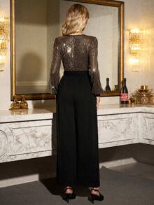 SHEIN Clasi 女士魅力优雅金色亮片连体裤 - 黑色 - 查看 4