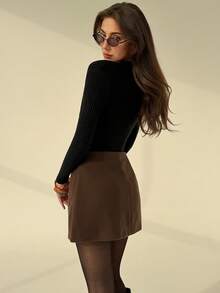 Aloruh Falda con decoración metálica y bajo asimétrico de moda para mujer, otoño - Caqui - Ver 6