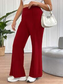 SHEIN Tall CURVE 大码女士简约日常喇叭裤套装 - 酒紅色 - 查看 4