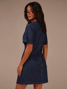 Athîral Women's V-Neck Single-Breasted Short-Sleeved Casual Denim Mini Dress, Featuring Metal Button Design, Retro Style, Slimming Waist,Autumn And Winter Outfits,New Year Dress - Blue - View 2