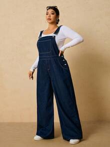 SHEIN PETITE CURVE Peto vaquero holgado de talla grande para mujer con diseño de botones, bolsillos y piernas anchas, de estilo casual y elegante, en color azul oscuro, con un ajuste suelto y bolsillos funcionales, ideal para uso diario, invierno, Navidad, Año Nuevo, Acción de Gracias, viajes, graduación, estilo Y2K, uso casual, fiesta, boda, negocios y talla grande - Azul - Ver 4