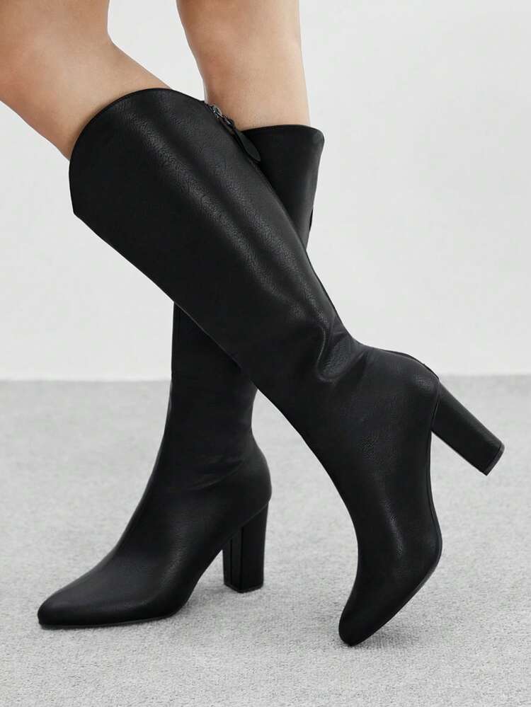 CUCCOO BIZCHIC Black High Heel Tall Boots With Side Zipper, Chunky Heel
