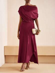 Zivah 2025 Autumn New Music Festival, Easter, St. Patrick's Day, Western, Nomadic, Birthday Party, Graduation Season, College Style, Student Wear, Daily Casual, All-Match Versatile, Leisure, Vacation, Cruise Travel, Beach, Sunbathing, Viral , Streetwear, Wedding Guest Boho, Commute, Brunch, Airport, Party & Holiday Outfits, Asymmetric Shoulder Long Satin Shiny Dress, Purple Dress Maroon Dress Satin Midi Dress Asymmetrical Dress - Burgundy - View 3