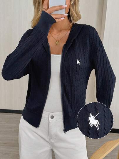 Easowa Women's Minimalist Navy Blue Knitted For Women Going Out Tops For Women Women's Casual Embroidered Zip-Up Sweatshirt Long Sleeve Knit Sweater With Knight Pattern And Stripes, Autumn/Winter Casual Everyday Wear Minimalist Style Sweater, Tops For Work In Fall/Winter Women Navy Blue Sweater Light Women Navy