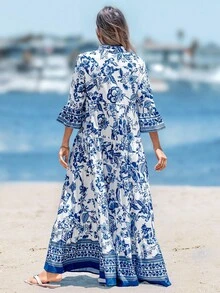 Sylviya 女士长款V领褶皱袖连衣裙，适合秋冬季节穿着，时尚百搭，是度假的理想之选。 - 彩色 - 查看 2