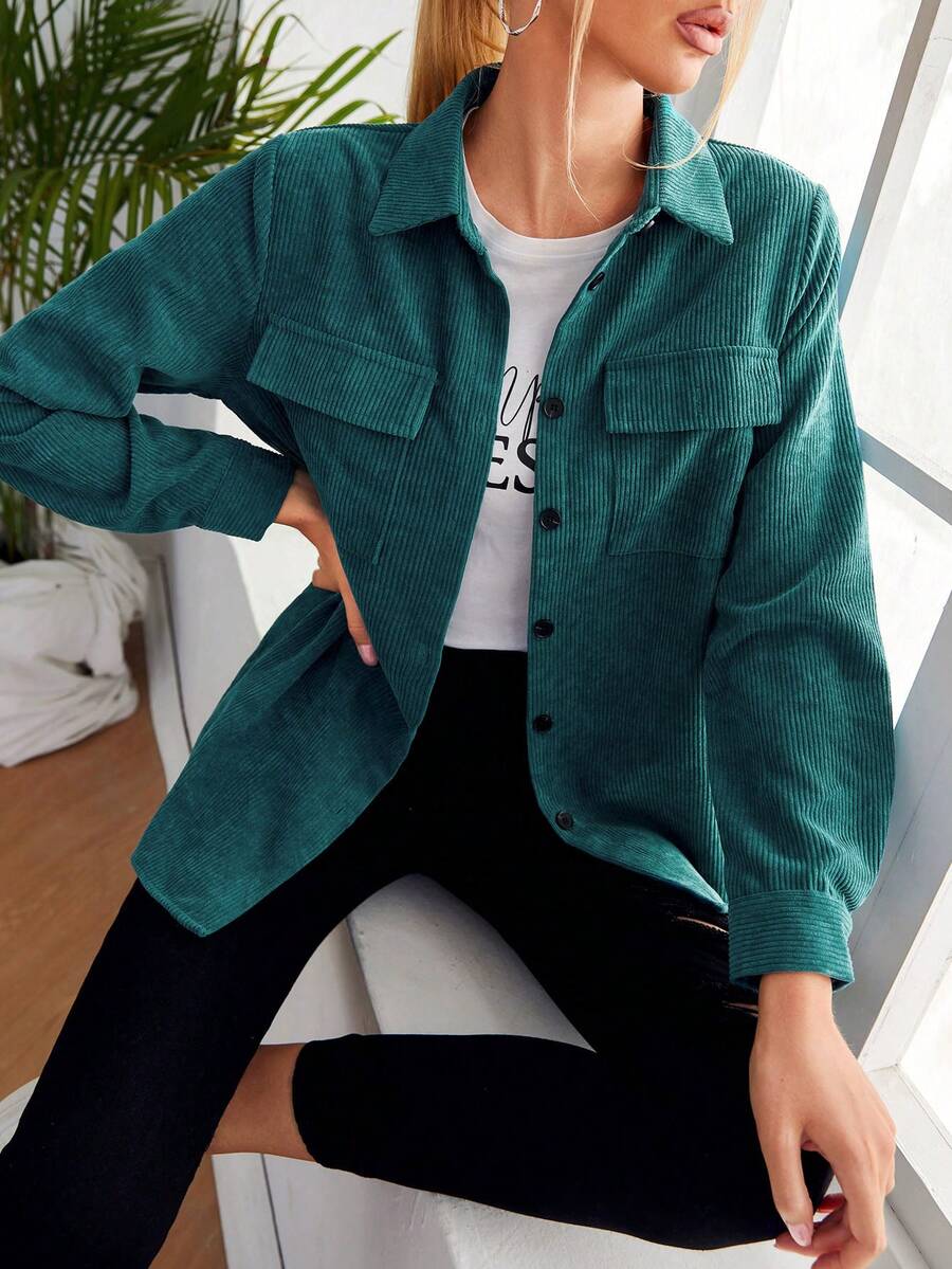 SHEIN LUNE Pocket Front Cord Shirt,Long Sleeve Tops,Casual - Teal Blue - View 1