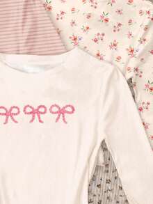 SHEIN Leap Crew 3pcs/Set Cream-Colored Bohemian Floral, Soft Pink Striped, Bow Accent Graphic Slim Fit Long Sleeve T-Shirts, Casual & Comfortable Autumn/Winter Tops For Teen Girls, Suitable For Daily Wear, Loungewear, And Layering - Multicolor - View 5