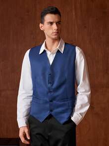 Officeau Nowa męska kamizelka o dopasowanym kroju, koreański styl, biznesowa, casualowa, drużba, formalna, od wiosny do lata - Niebieski - Zobacz 3